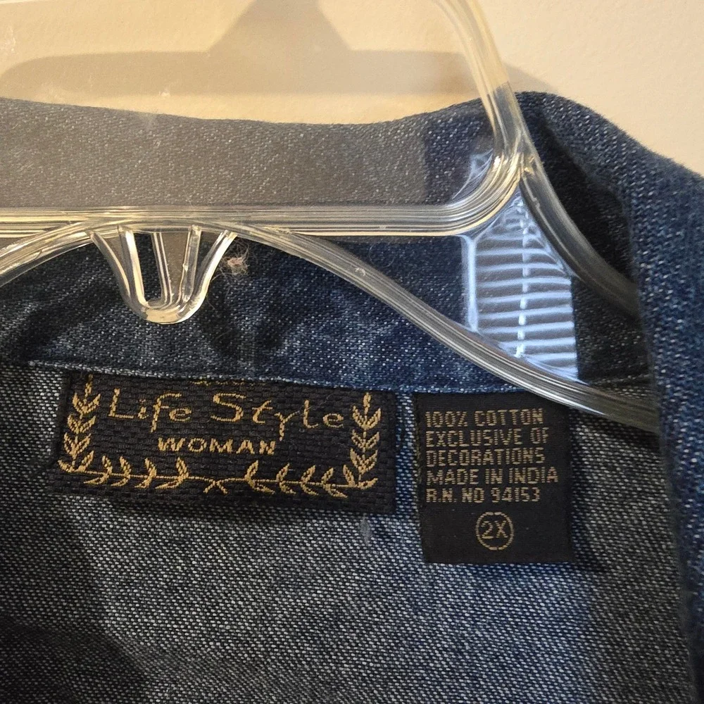 Life Style Woman Butterfly Denim Jacket Embroidered Blue Cotton Plus Size 2X Y2K